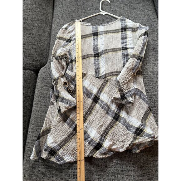 Habitat Womens Plaid Textured Linen Blend Top Size L Asymmetric Hem‎ Long Sleeve - Picture 10 of 12